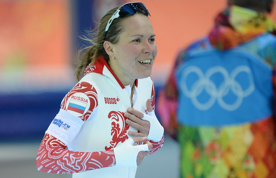 2014 Sochi Olympics Russian Speedskater Celebrates Medal
