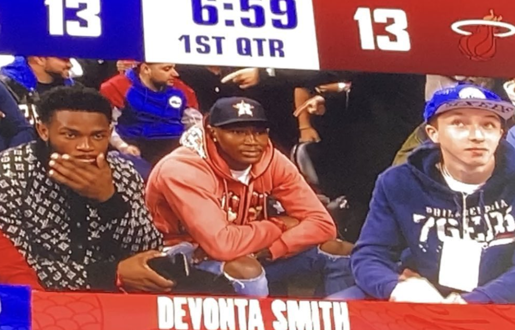 DeVonta Smith identified as 'former Philadelphia Eagle' on jumbotron during  76ers game