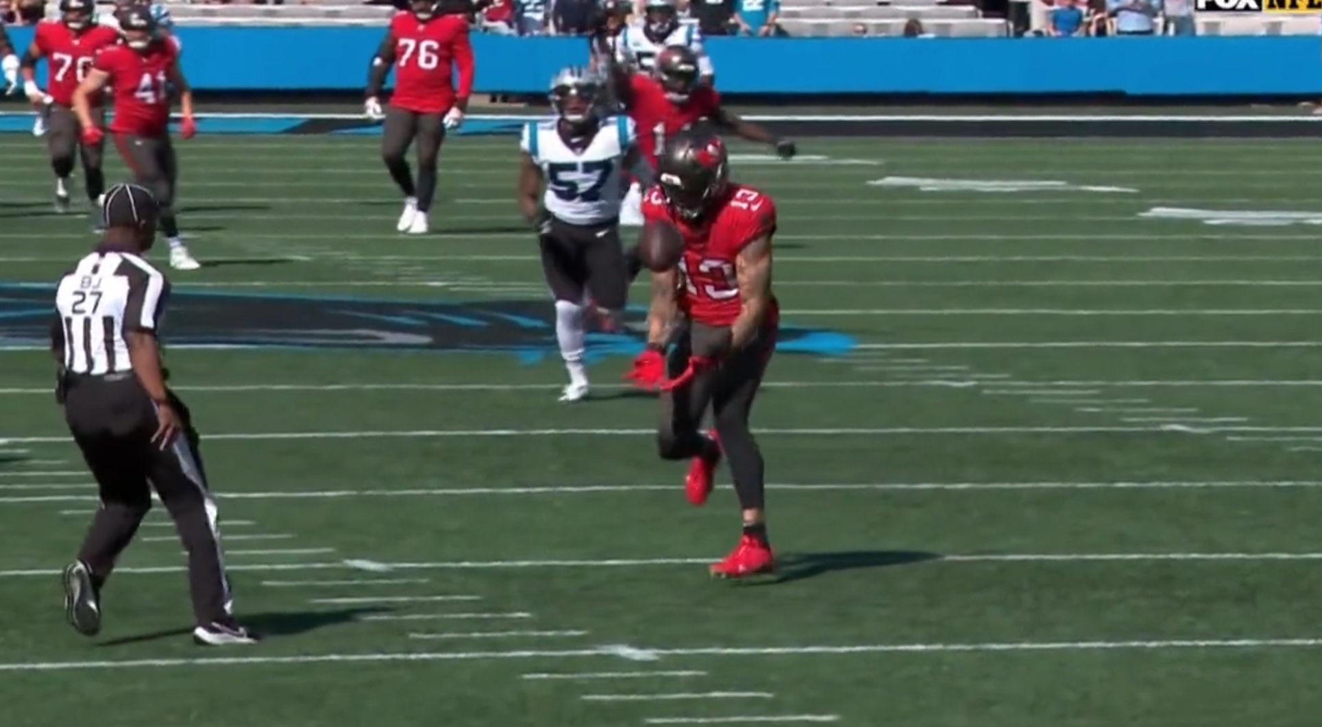 Tampa Bay, Florida, USA, January 1, 2023, Tampa Bay Buccaneers Wide  Receiver Mike Evans #13 receives a pass from Tom Brady and make a touch  down at Raymond James Stadium. (Photo Credit: