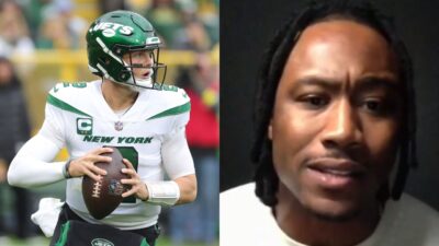 One picture shows Brandon Marshall looking into camera while the other picture shows Zach Wilson holding a football