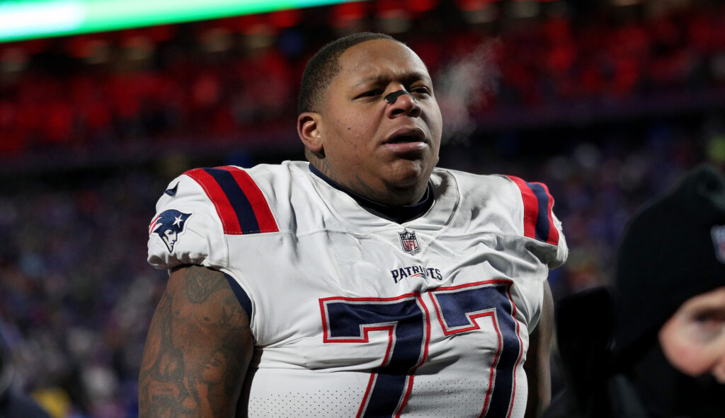 Patriots offensive lineman Trent Brown with his helmet off.