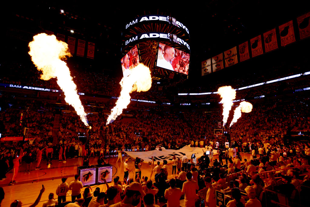 Miami Heat's arena shooting fire in air