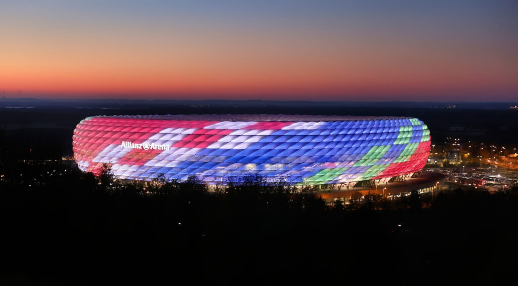 The illuminated Allioanz Arena stadium is pictured during the NFL match between Seattle Seahawks and Tampa Bay