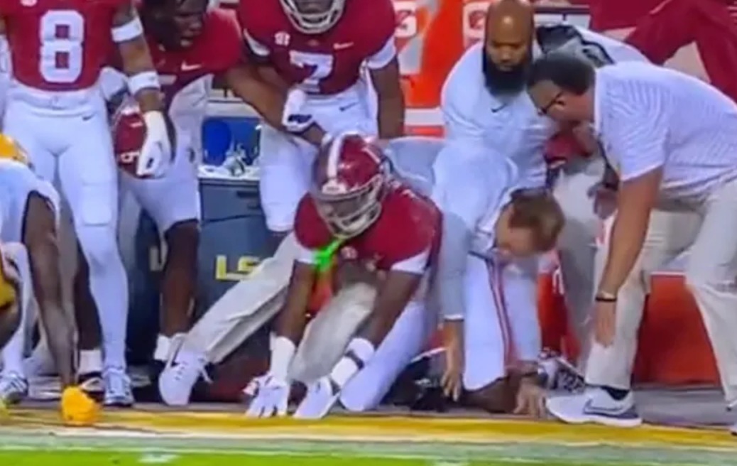 Nick Saban Ends Up Falling On Back Of Player During LSU Game