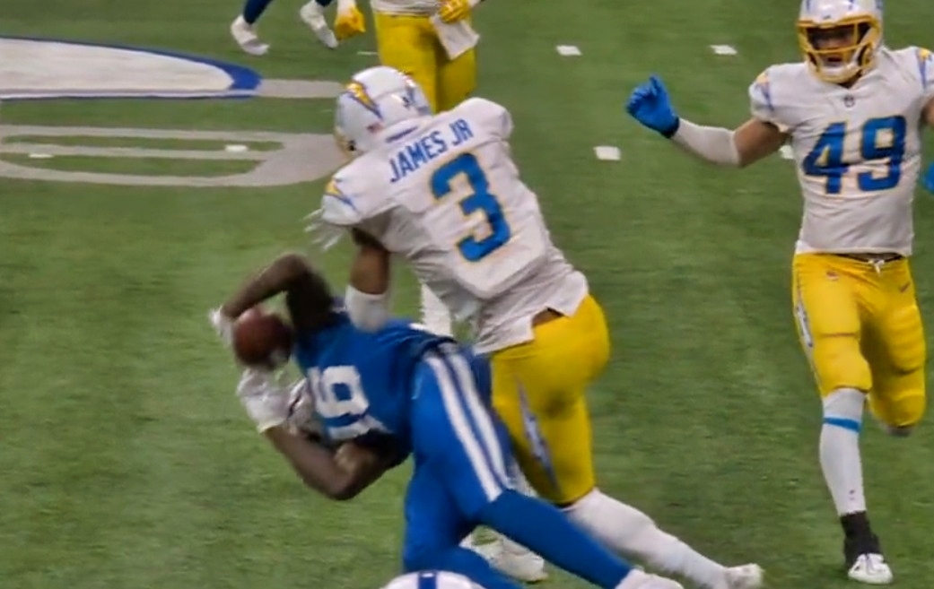 Chargers' Derwin James brutal hit on Colt's Ashton Dulin landed