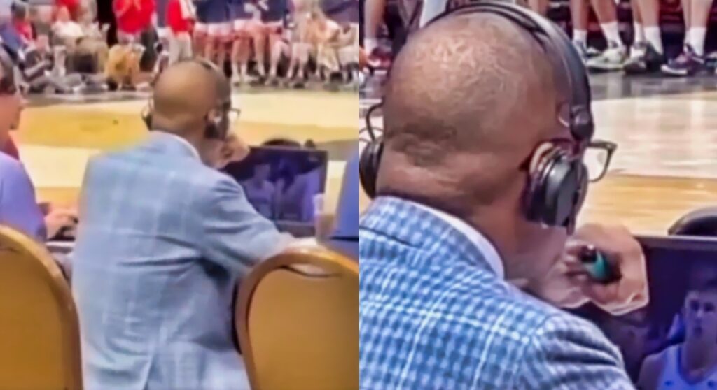 Gus johnson spotted ripping a vape pen while calling a basketball game.