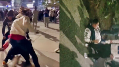 Two photos of Cowboys fans fighting