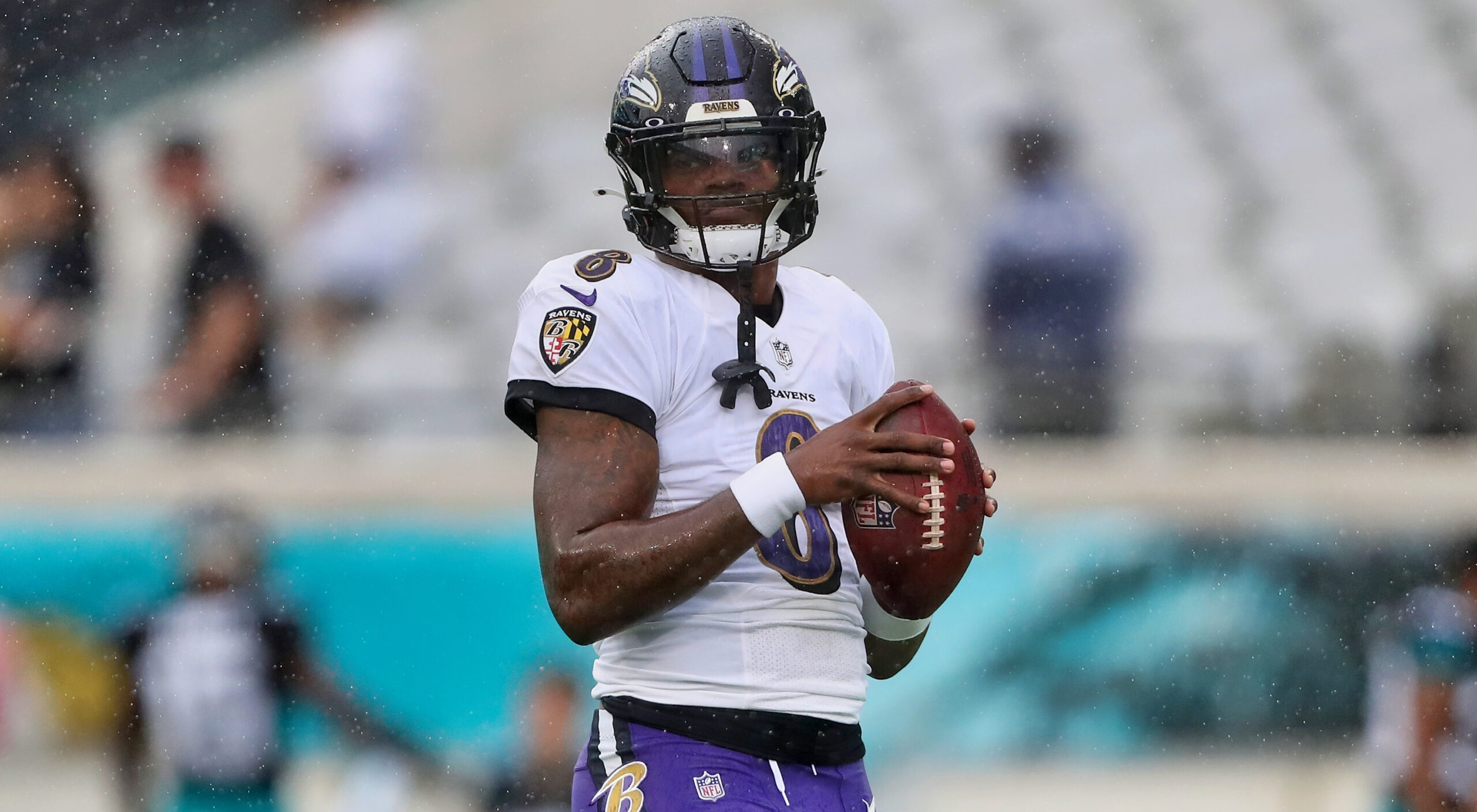 JACKSONVILLE, FL - NOVEMBER 27: Baltimore Ravens quarterback Lamar Jackson  (8) during the game between the Baltimore Ravens and the Jacksonville  Jaguars on November 27, 2022 at TIAA Bank Field in Jacksonville