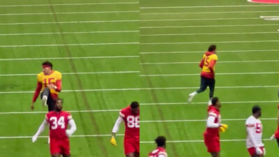 Two photos of Patrick Mahomes in practice