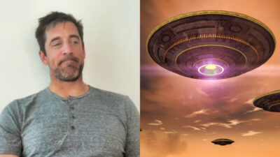 Photo of Aaron Rodgers on podcast and photo of spaceship