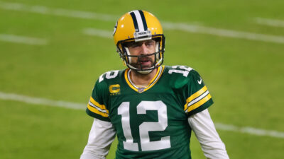 Aaron Rodgers looking confused while in uniform