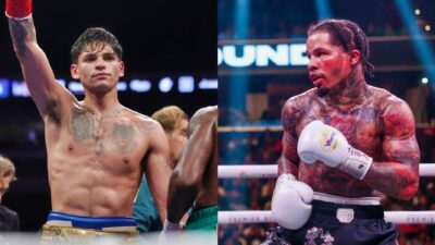 Gervonta Davis in boxing ring. Ryan Garcia raising his arm