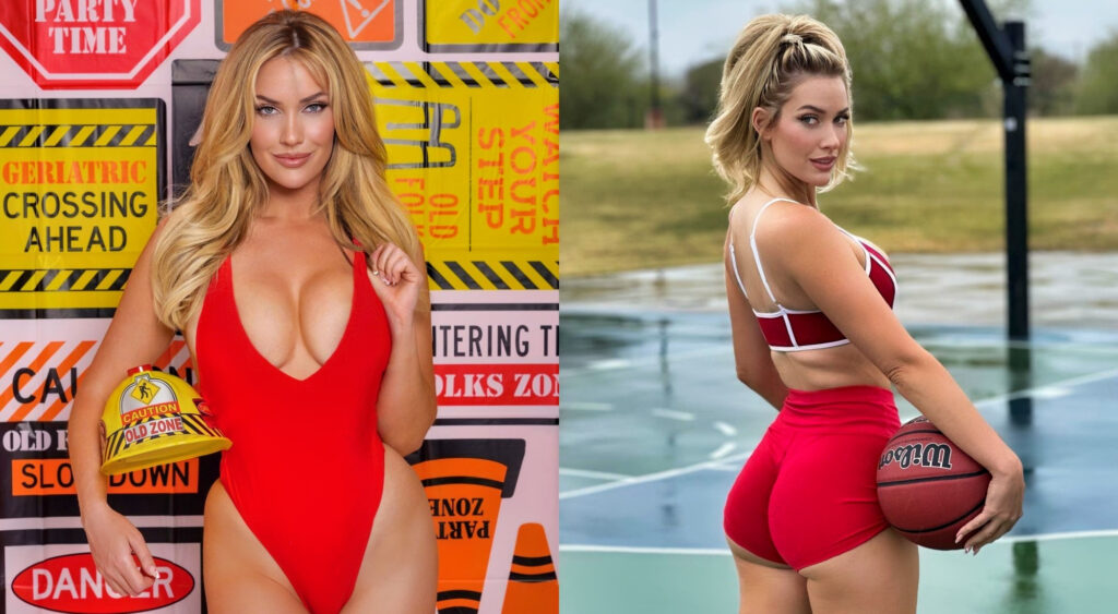 Photo of Paige Spiranac in red swimsuit and photo of Paige Spiranac in trainer bra and shorts