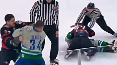 Photos of hockey fight between police and firemen at charity game