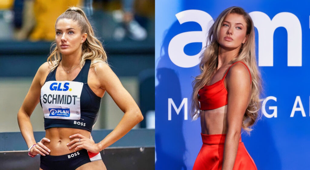 Photo of Alica Schmidt in racing gear and photo of Alica Schmidt in bright orange dress