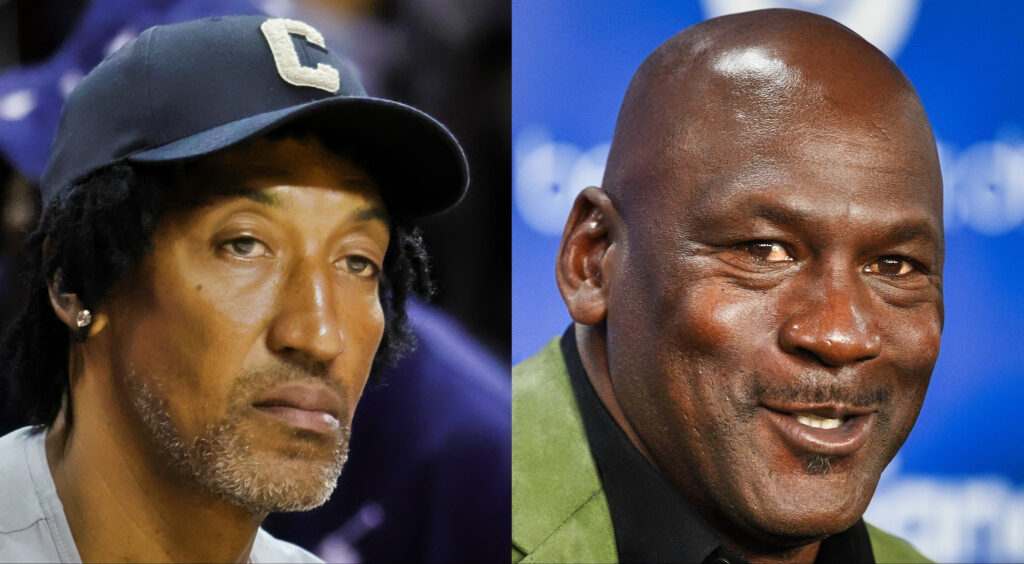 Chicago Bulls' legend Scottie Pippen watching game (left). Michael Jordan smiling during press conference (right).