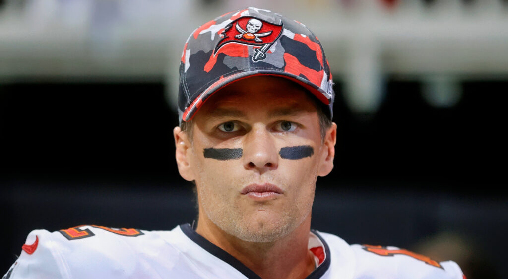 Tampa Bay Buccaneers quarterback Tom Brady looking on at Mercedes-Benz Stadium.