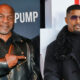 Photo of Mike Tyson pointing to his left and phoro of Jamie Fox in overcoat and sunglasses