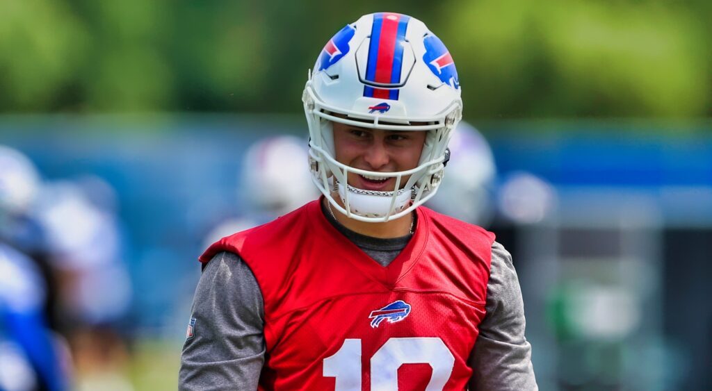 Matt Araiza looks on during Bills practice.