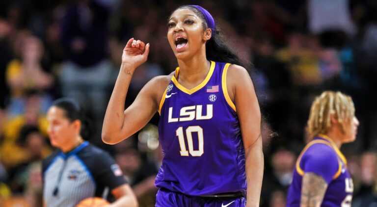 Angel Reese reacting during national title game