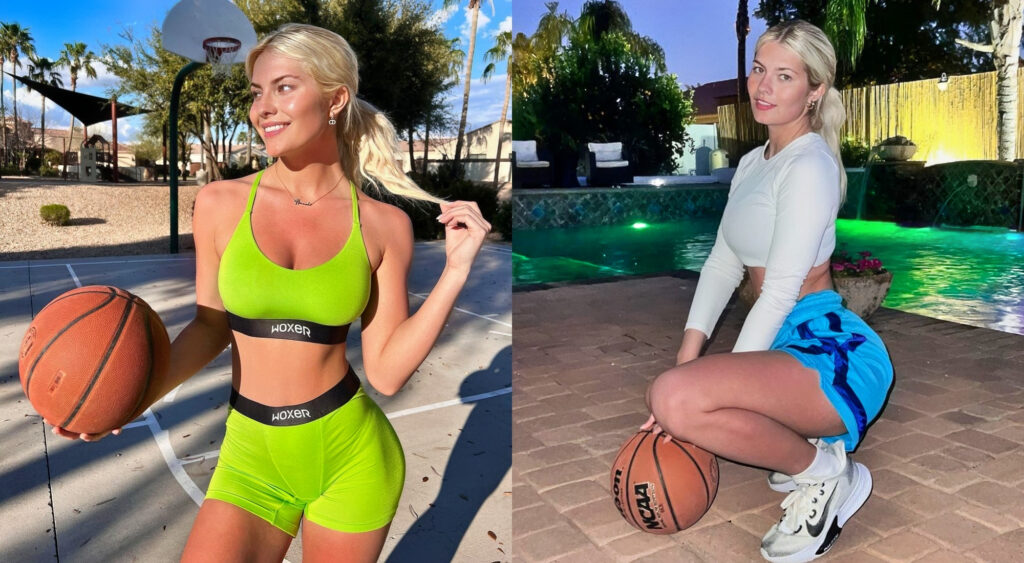 Photos of Hannah White posing with a basketball