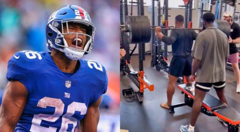 Photo of Saquon Barkley in Giants gear and photo of Saquon Barkley squatting