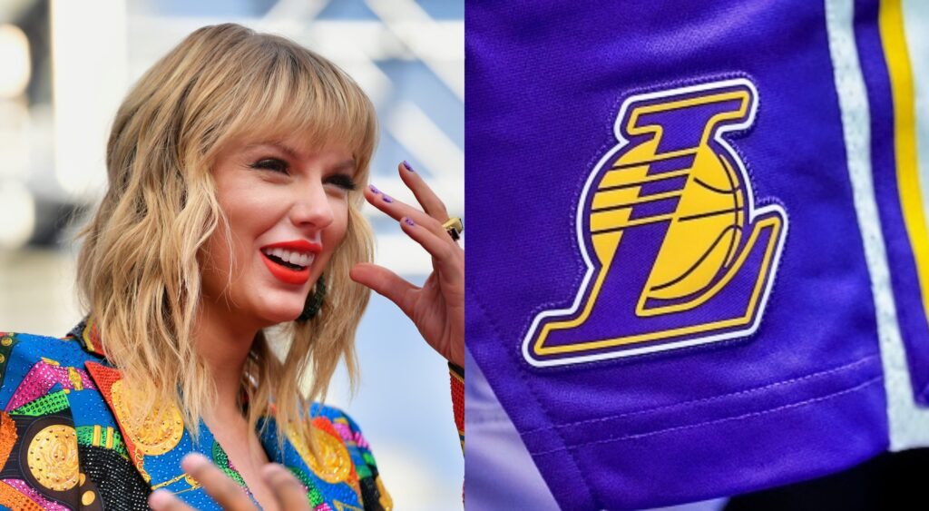 Split image of Taylor Swift laughing and an LA Lakers logo.