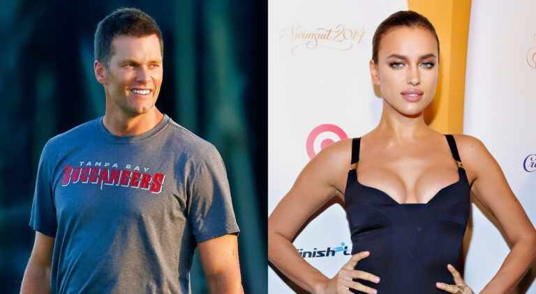 Photo of Tom BRady smiling and photo of Irina Shayk with posing in a black dress