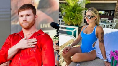 Canelo touching his chest. Fernanda Gomez posing in bikini