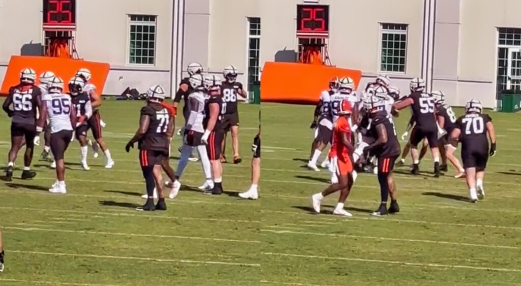 Cleveland Browns players brawling at practice (left). Players breaking up brawl (right).