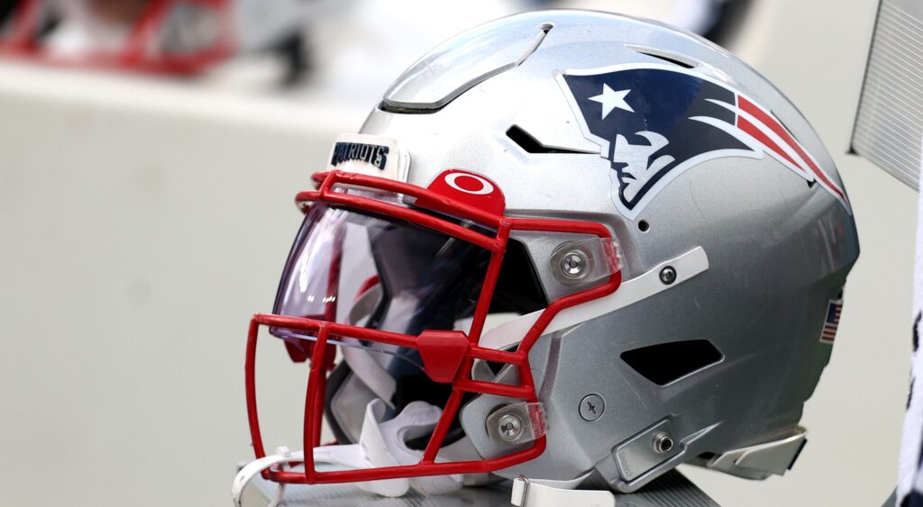 New England Patriots helmet shown at Gillette Stadium.