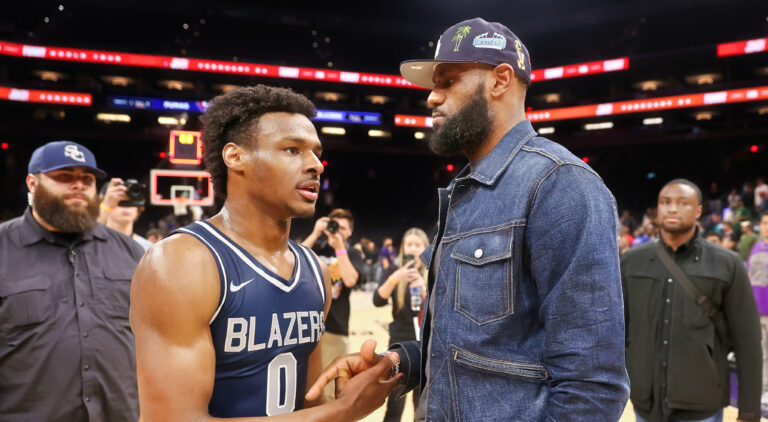 LeBron James greeting his son Bronny James