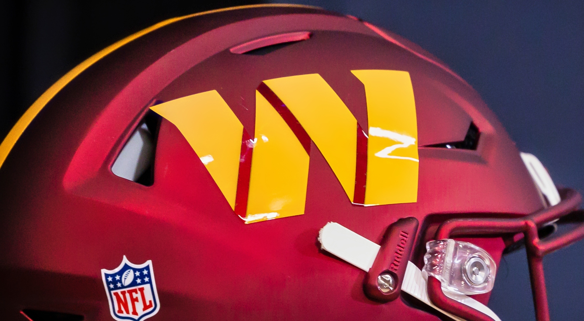 A view of a Washington Commanders helmet on display during a press News  Photo - Getty Images