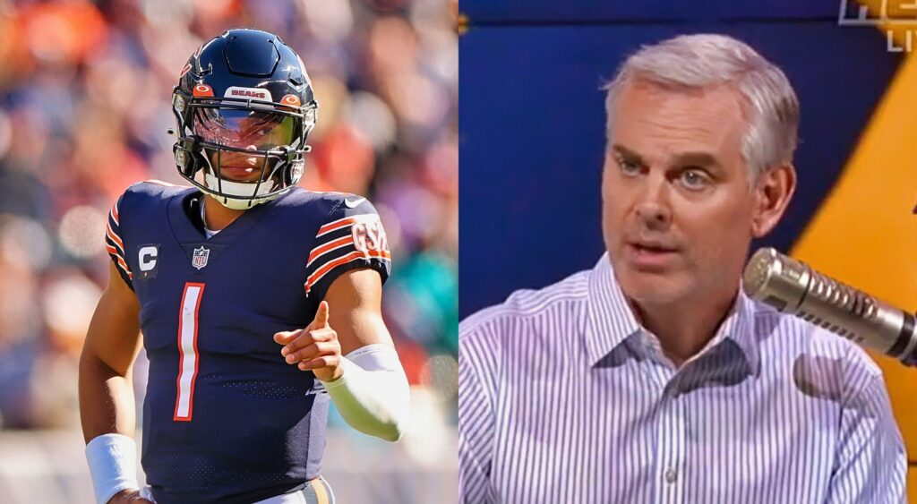 Split image of Justin Fields and Colin Cowherd.