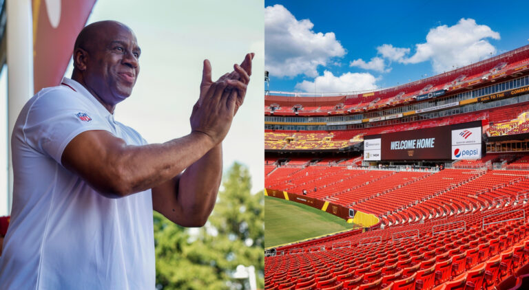 Photo of Magic Johnson clapping and photo of Washington Commanders stadium