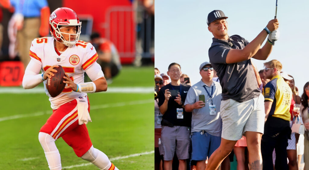Photo of Patrick Mahomes about to throw a football and photo of Patrick Mahomes swinging golf club