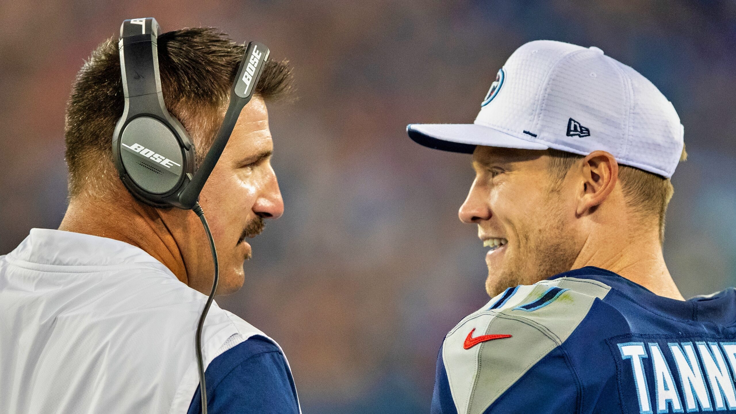 Tennessee Titans coach Mike Vrabel walks out of Friday's press conference