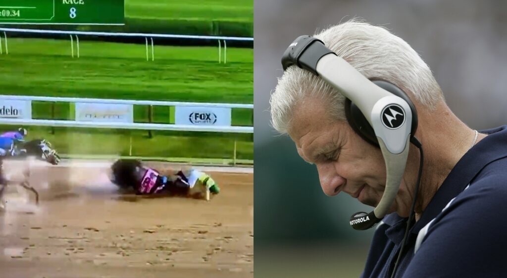 Split image of a race horse falling at the finish line and Bill Parcells with his head down.