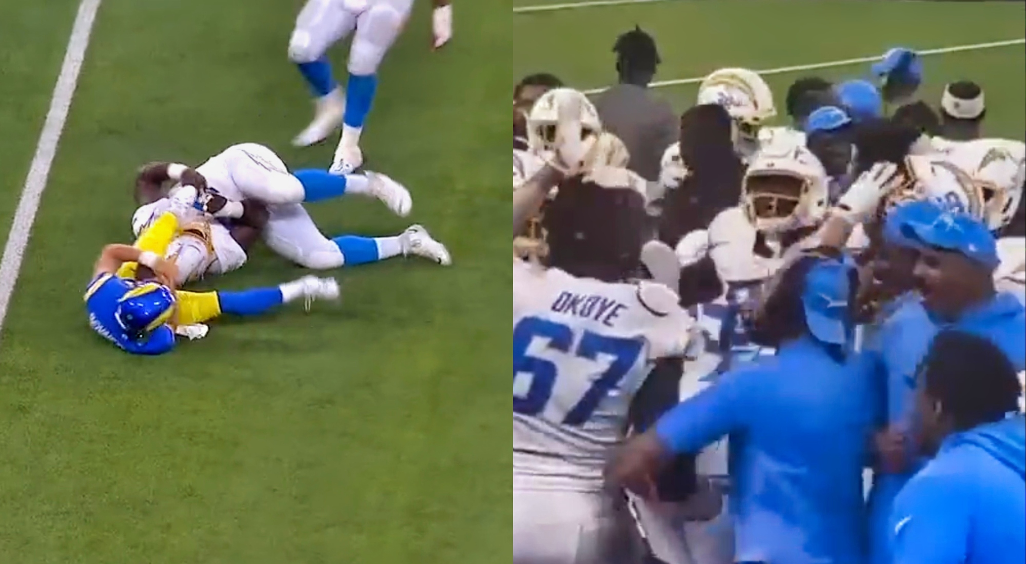 LOOK: Chargers' CJ Okoye gets sack in first organized football game he's  ever played, L.A. sideline goes wild 