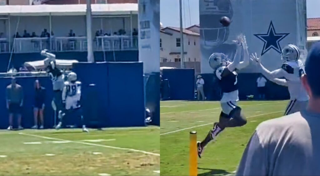 Trevon Diggs of Dallas Cowboys makes a catch (left) in practice. Diggs preparing to make another catch (right).