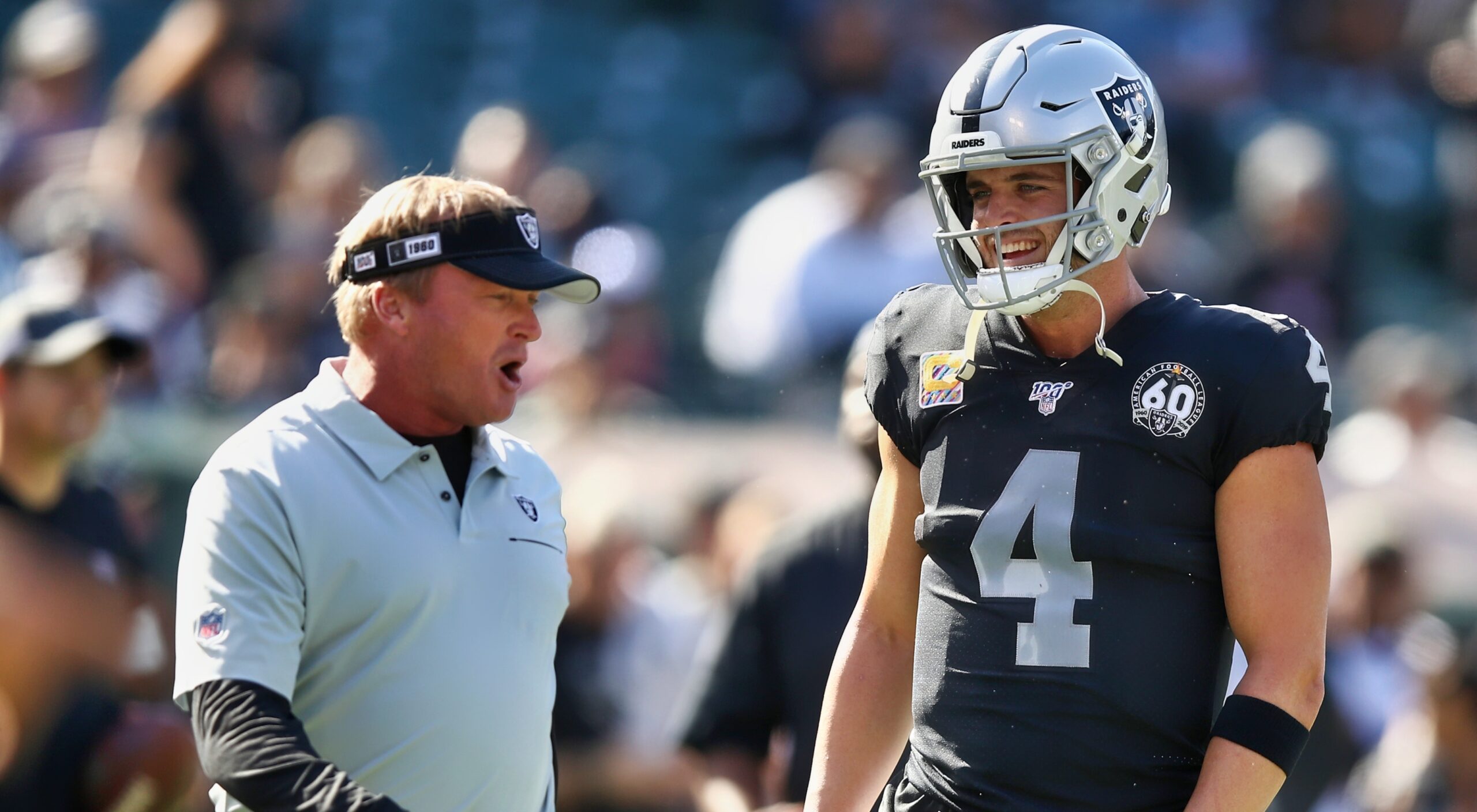 Jon Gruden Spotted Reuniting With Derek Carr At Saints' Practice