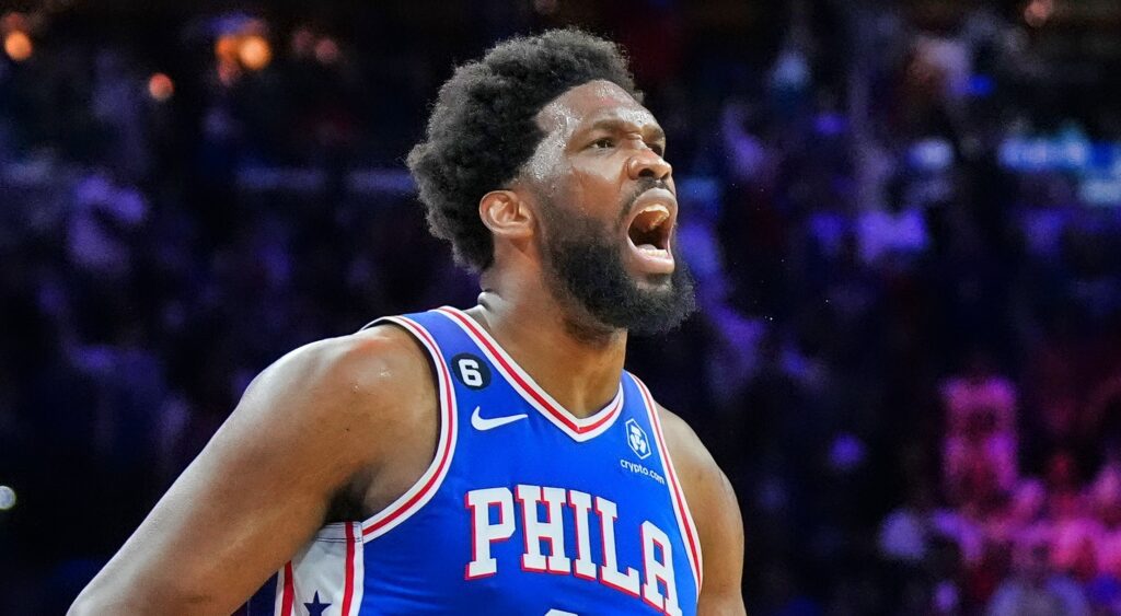 Joel Embiid of Philadelphia 76ers reacting during game.