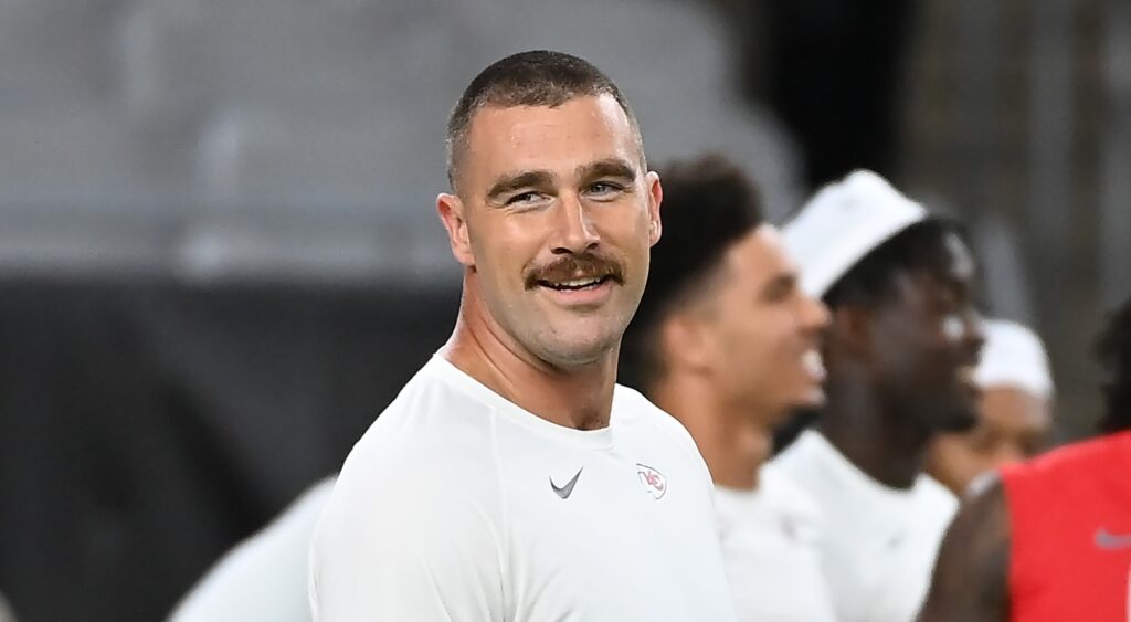 Travis Kelce of Kansas City Chiefs looks on during preseason game.