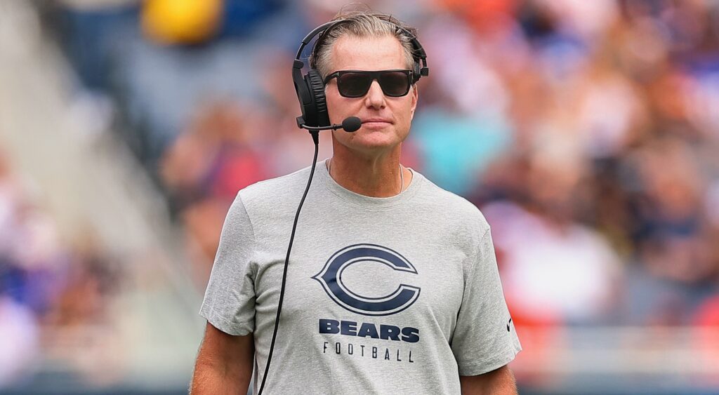 Matt Eberflus in headset and Bears shirt
