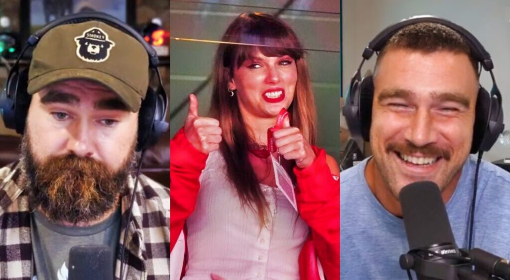 Split photo of Jason Kelce, Taylor Swift, and Travis Kelce.