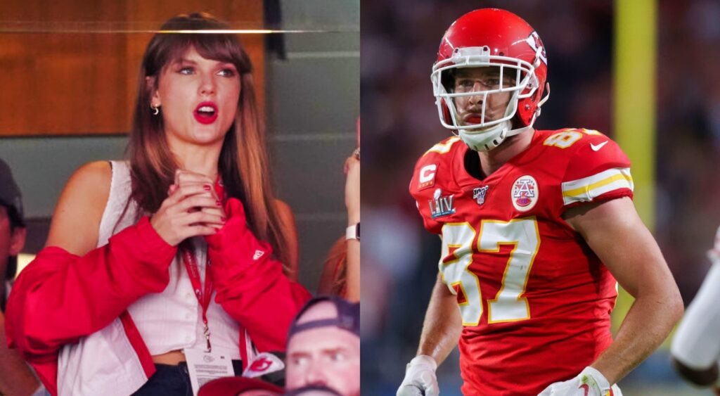 Taylor Swift with hands on chest. Kelce in uniform
