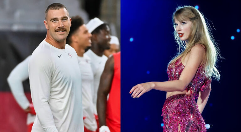 Photo of Travis Kelce smiling and photo of Taylor Swift during performance