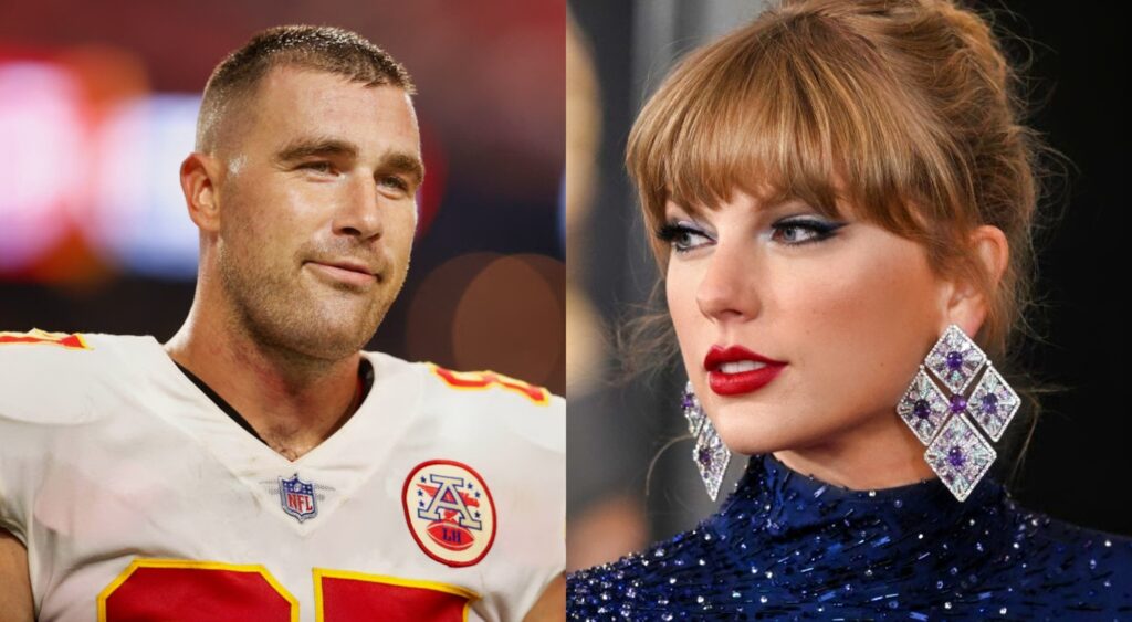 Travis Kelce in uniform. Taylor Swift posing in dress