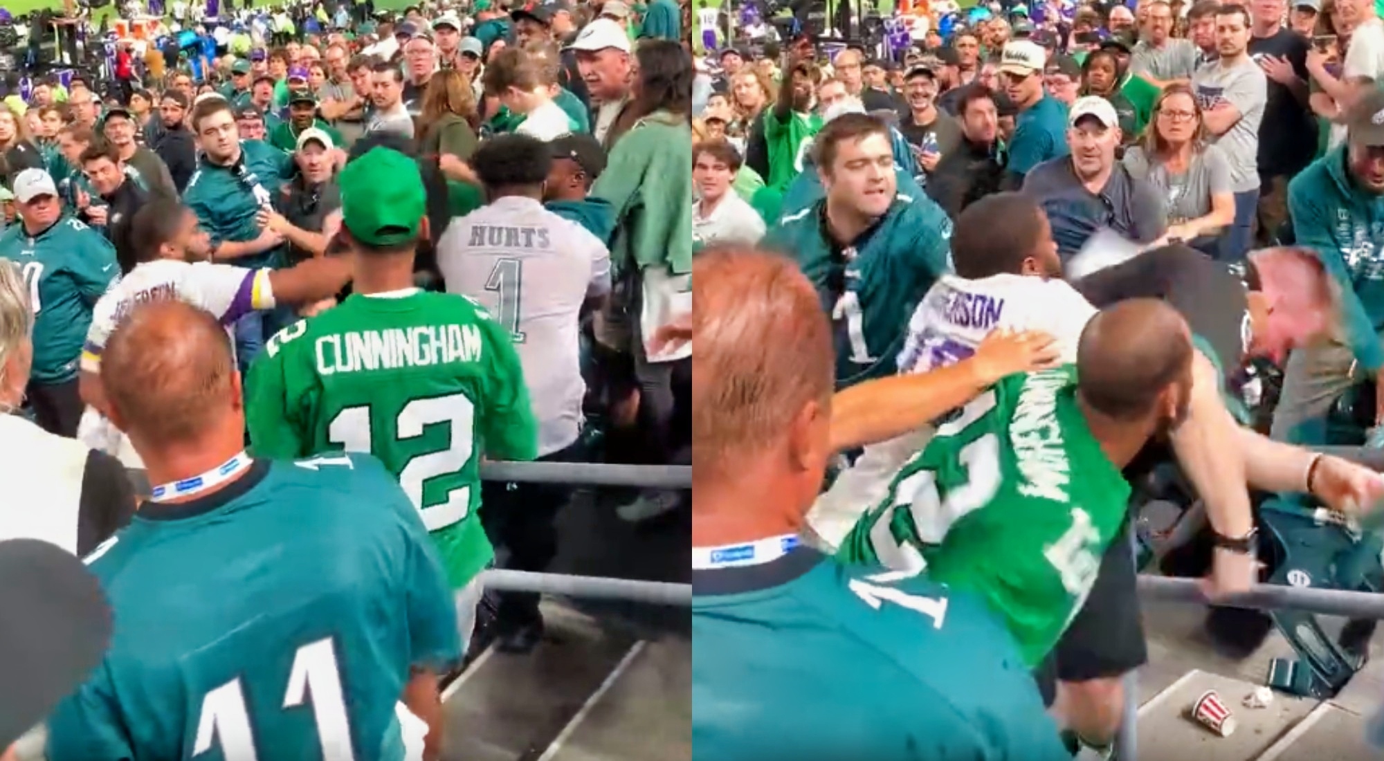 Eagles Fan Wearing Big Cap Got Jumped By Vikings Fan