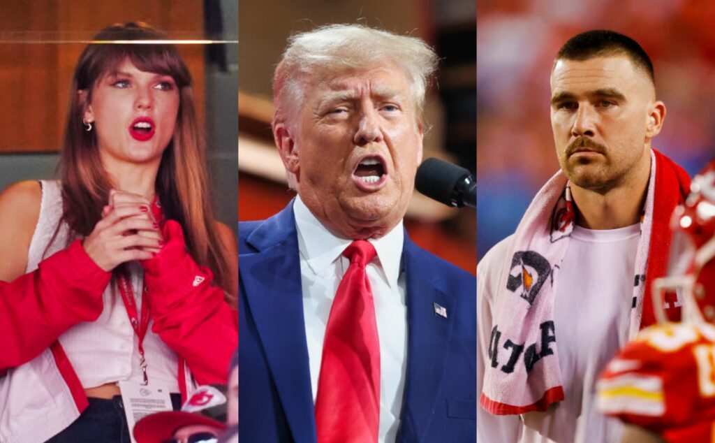 Taylor Swift touching her shest. Donald trump speaking to supporters. Travis Kelce in white shirt